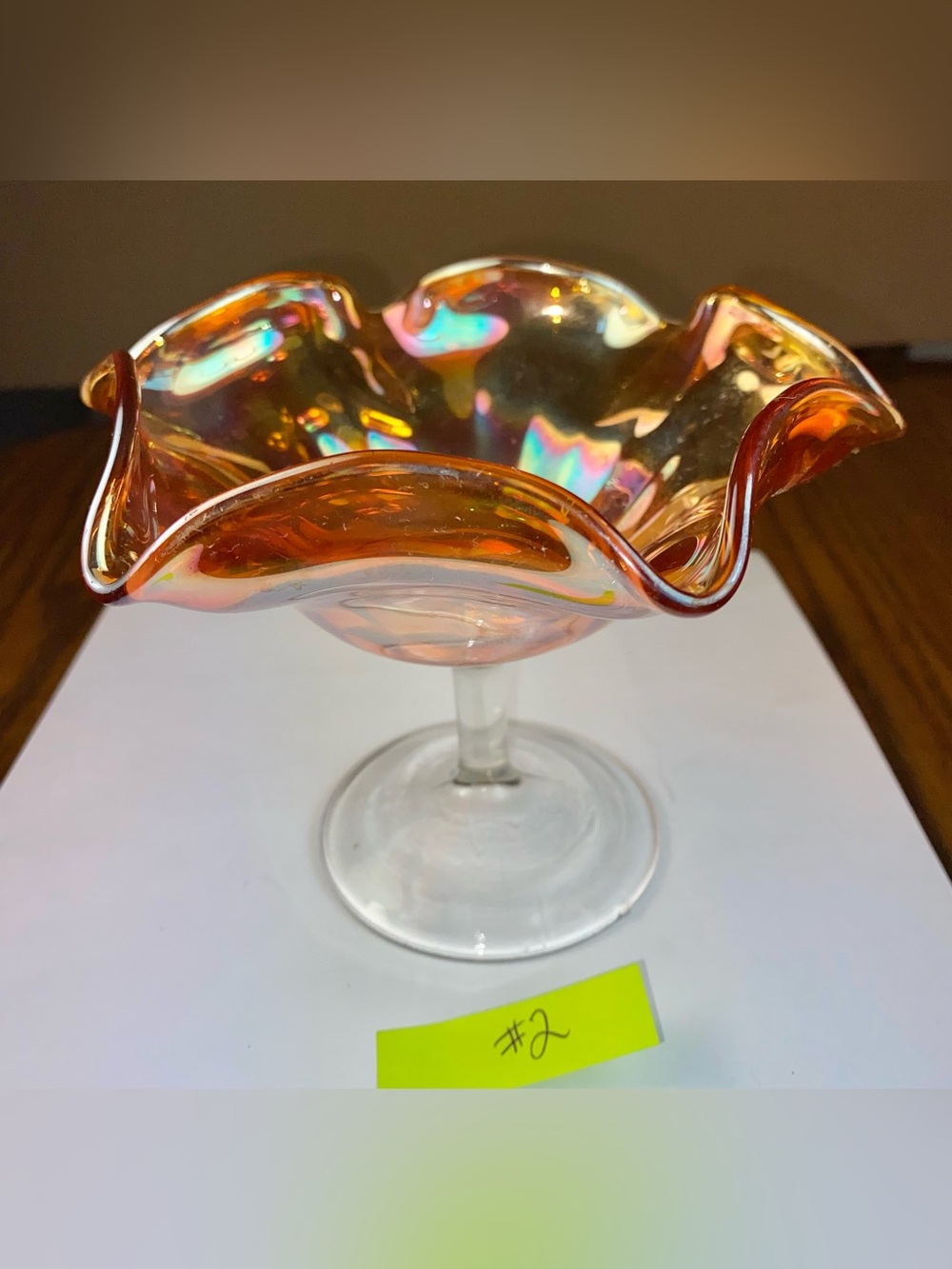 Pre-1940s Smooth Rays Fenton Art Glass Marigold iridescent Ruffled Compote #2